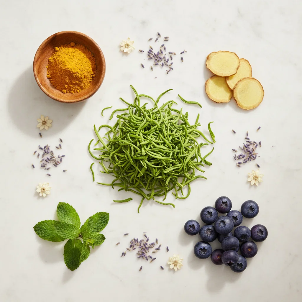 Naturlijke botanische ingrediënten: groene theebladeren, gember, kurkuma, munt en bosbessen op marmeren ondergrond